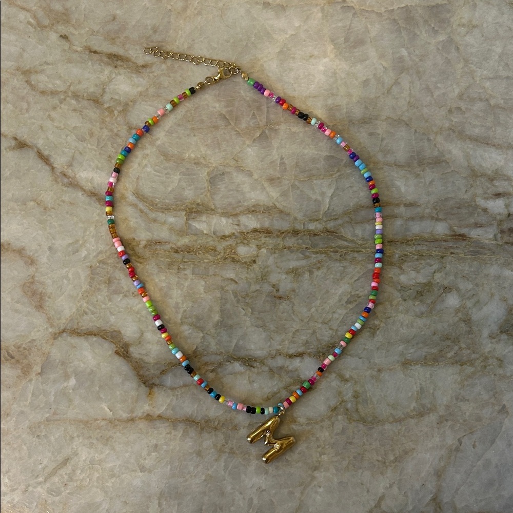 Gold M Initial Pendant Multicolor Beaded Necklace